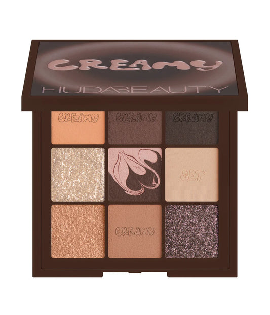 Huda Beauty Creamy Obsessions eyeshadow palette in Brown featuring nine matte and shimmer neutral shades at ZARÉ Cosmetics
