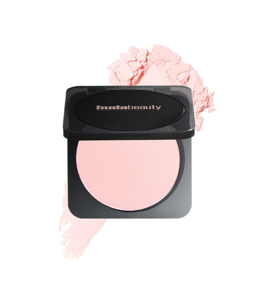 Huda Beauty Easy Bake Pressed Powder in Cherry Blossom Cake, compact pressed powder in a black case