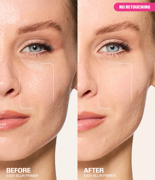Huda Beauty Easy Blur Primer before and after on skin, no retouching