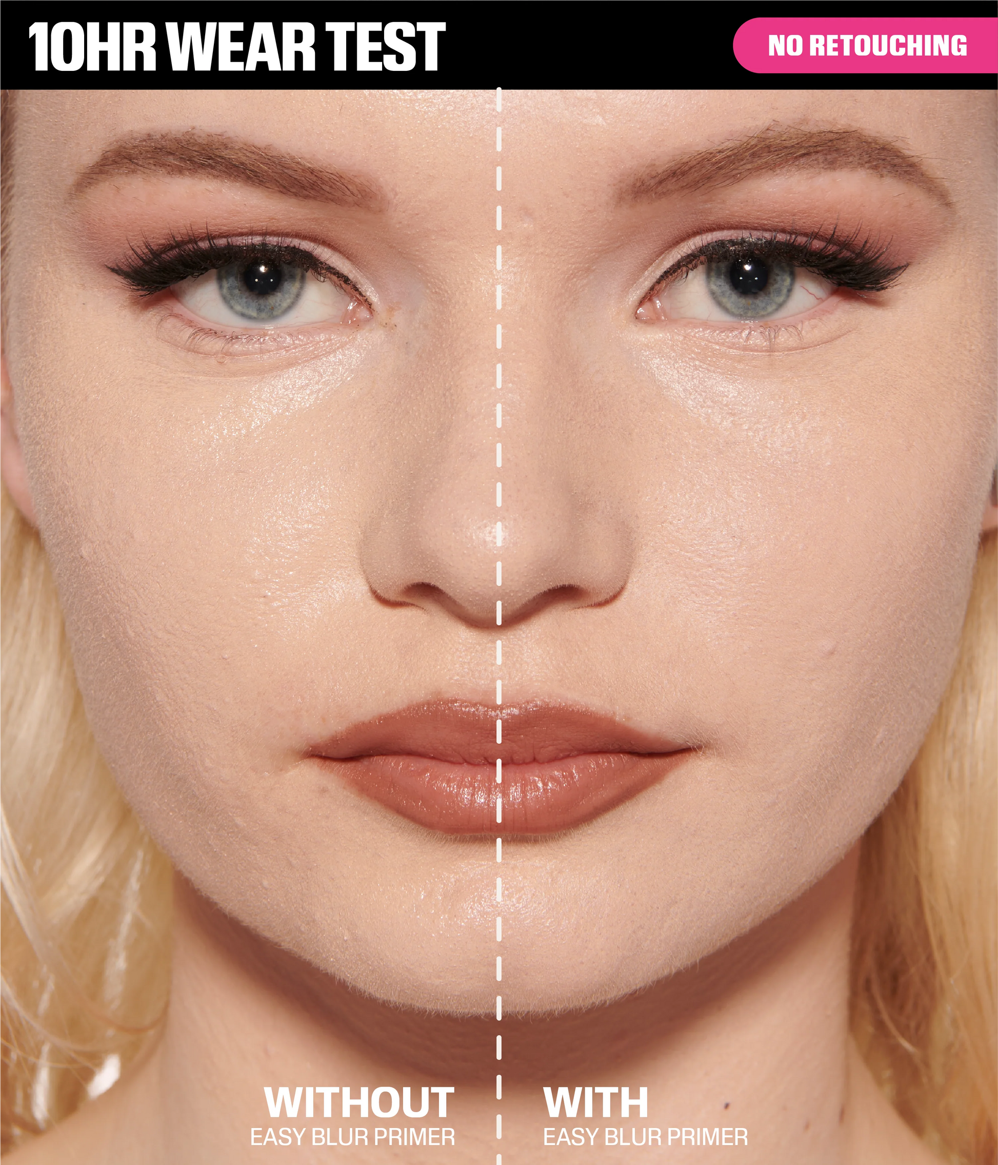 Huda Beauty Easy Blur Primer 10-hour wear test, no retouching