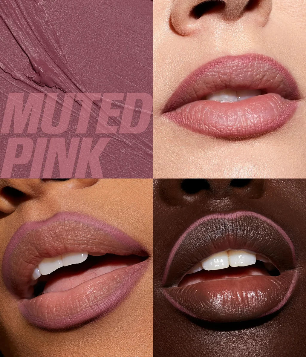 Row of Huda Beauty Lip Contour 2.0 lip pencils in red, brown, coral and nude shades with line swatches and callouts: ultra glide, all day wear, transfer-proof