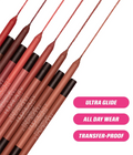 Huda Beauty Lip Contour 2.0 in Muted Pink: texture swatch and lip liner worn on light, medium and deep skin tones