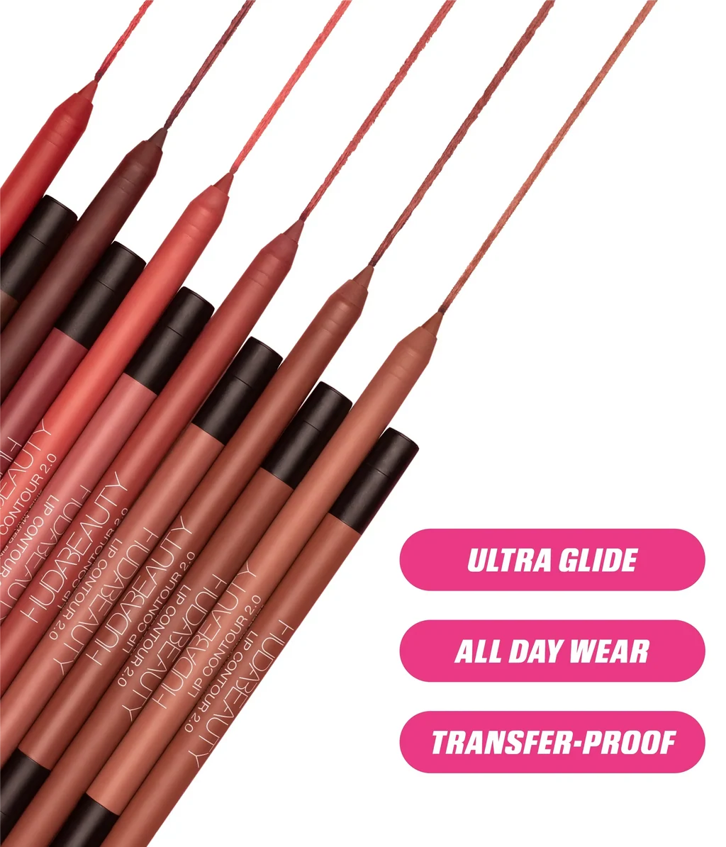 Huda Beauty Lip Contour 2.0 in Muted Pink: texture swatch and lip liner worn on light, medium and deep skin tones