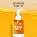 Sol de Janeiro Bum Bum Body Firmeza Oil bottle over a golden liquid backdrop with visibly firming text at ZARÉ Cosmetics