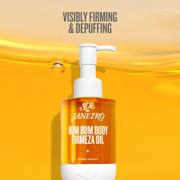Sol de Janeiro Bum Bum Body Firmeza Oil bottle over a golden liquid backdrop with visibly firming text at ZARÉ Cosmetics