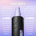 Urban Decay All Nighter setting spray infographic detailing 24 hours of multi-benefit product claims at ZARÉ Cosmetics