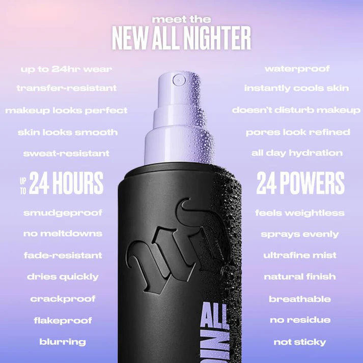 Urban Decay All Nighter setting spray infographic detailing 24 hours of multi-benefit product claims at ZARÉ Cosmetics