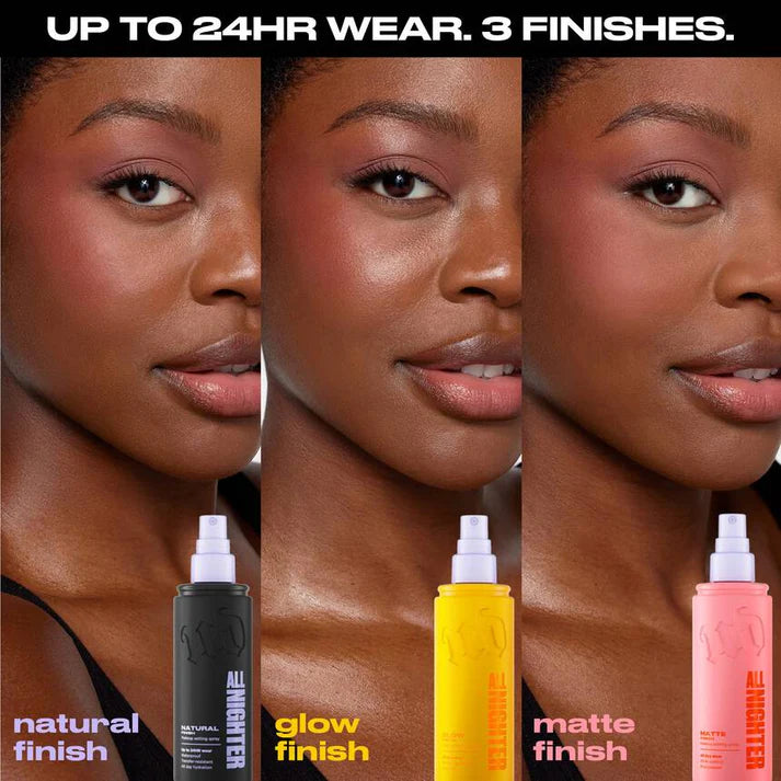 Urban Decay All Nighter setting spray 24HR wear comparison showing natural, glow, and matte finishes at ZARÉ Cosmetics