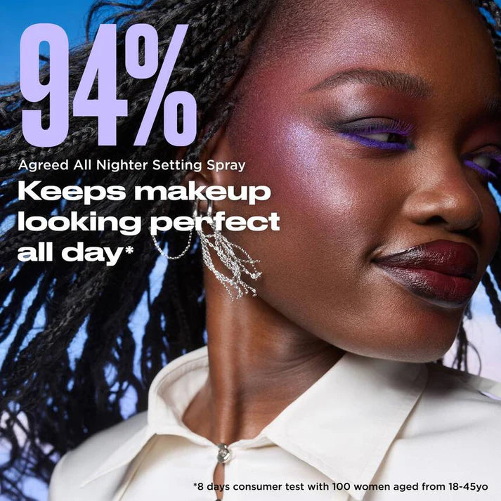 Urban Decay All Nighter setting spray campaign model highlighting a 94% long wear claim at ZARÉ Cosmetics