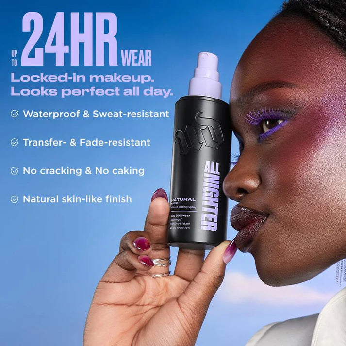 Urban Decay All Nighter setting spray 24HR waterproof and transfer-resistant benefit infographic at ZARÉ Cosmetics