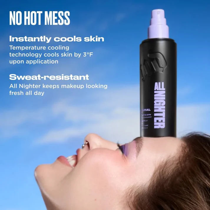 Urban Decay All Nighter setting spray temperature cooling and sweat-resistant infographic at ZARÉ Cosmetics