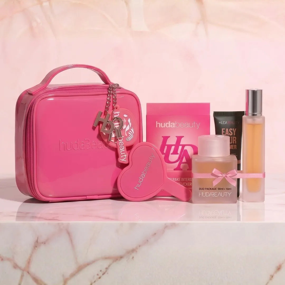 Huda Beauty mini vanity bag and Easy Bake Intense air freshener shown with full glam kit
