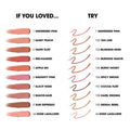 YSL Lovenude Kiss Shaper shade guide showing nude swatches with shade names including 103 Blushing Nude and 104 Burning Mauve