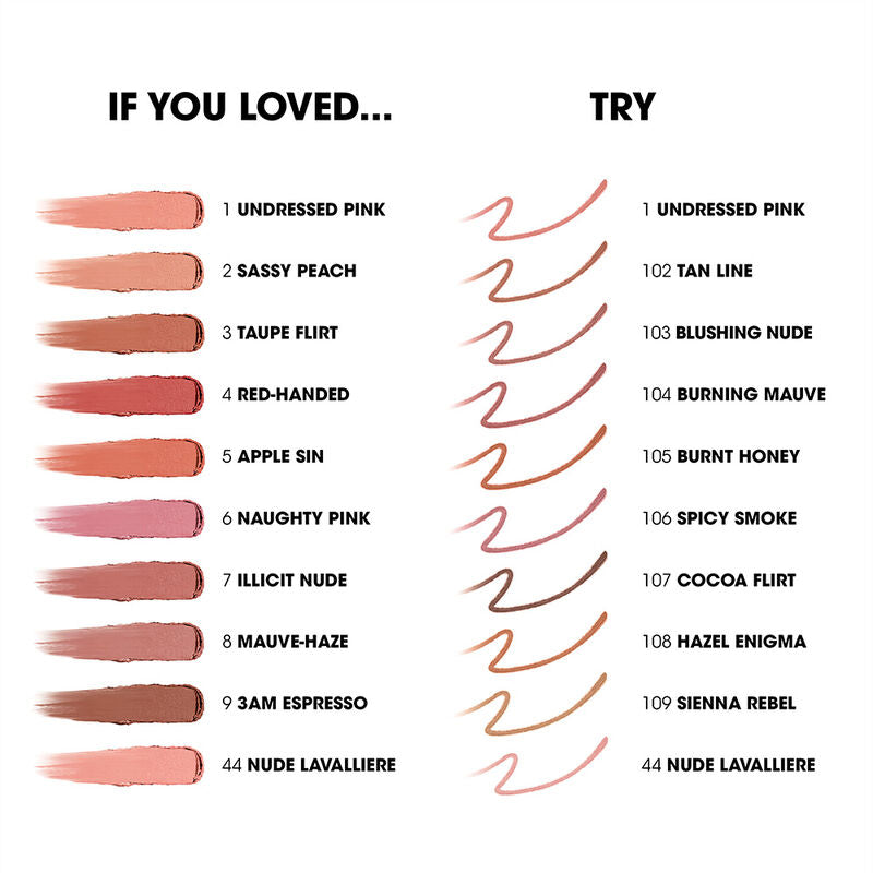 YSL Lovenude Kiss Shaper shade guide showing nude swatches with shade names including 103 Blushing Nude and 104 Burning Mauve
