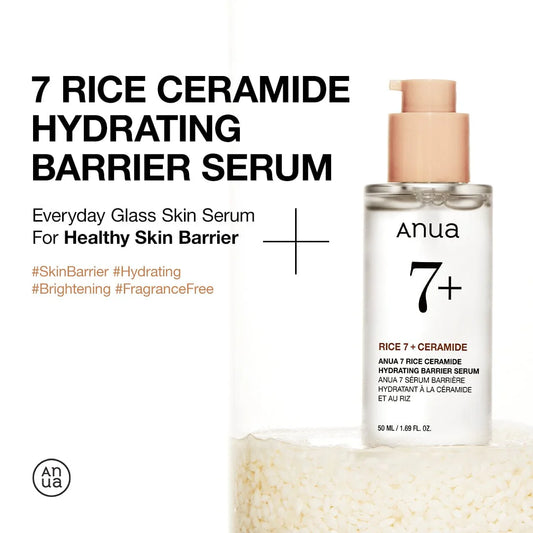 Anua Rice Ceramide 7 Hydrating Barrier Serum bottle with white glass packaging and beige pump, shown as a lightweight hydrating serum for skin barrier repair and glow.