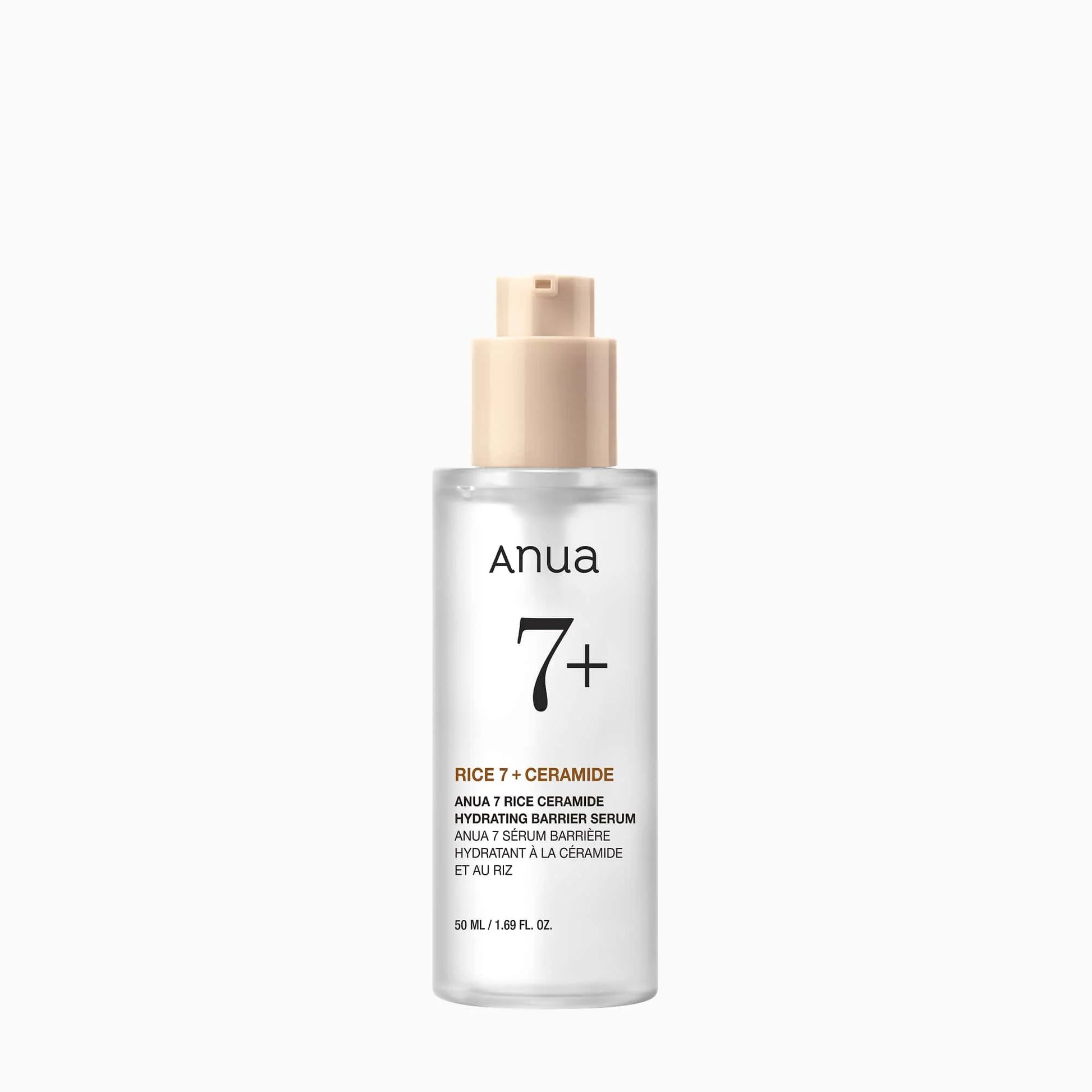 Close-up of Anua 7+ serum highlighting glass texture formula, representing deep hydration and skin barrier strengthening skincare treatment.