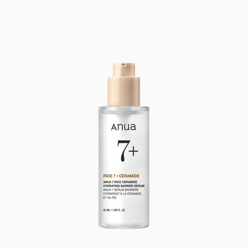Close-up of Anua 7+ serum highlighting glass texture formula, representing deep hydration and skin barrier strengthening skincare treatment.