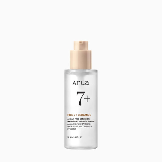 Close-up of Anua 7+ serum highlighting glass texture formula, representing deep hydration and skin barrier strengthening skincare treatment.