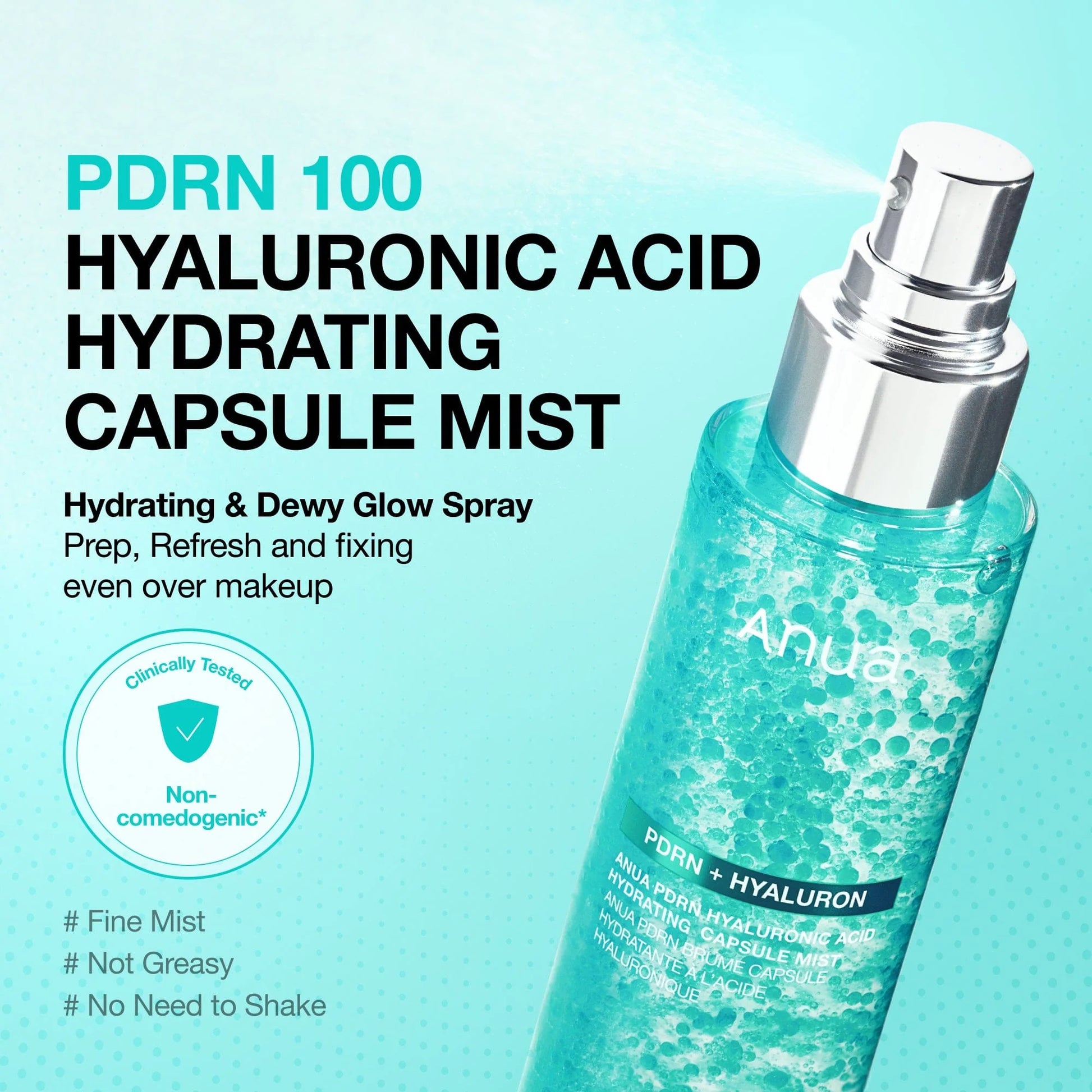 Anua PDRN Hydrating Capsule Mist bottle with teal liquid capsules inside, shown as a lightweight glow-boosting facial spray for daily hydration and makeup refresh.