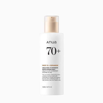 Anua Rice 70 Intensive Moisturizing Milk bottle in minimal white packaging with beige cap, displayed as a clean skincare product focused on hydration, glow, and barrier repair aesthetic.
