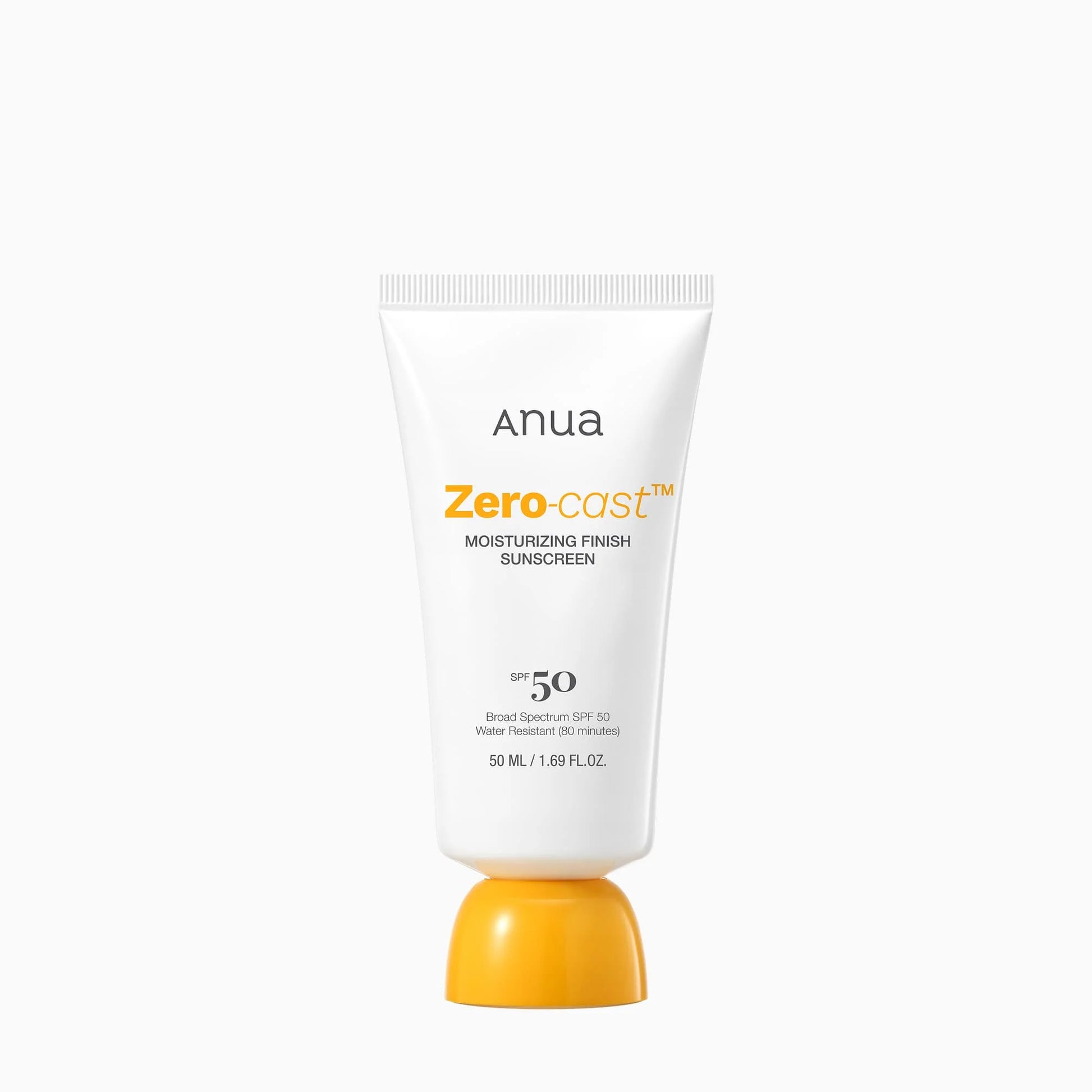 Anua Zero-Cast SPF 50 sunscreen tube with white and orange packaging, shown as a lightweight daily sun protection skincare product with clean minimal aesthetic.