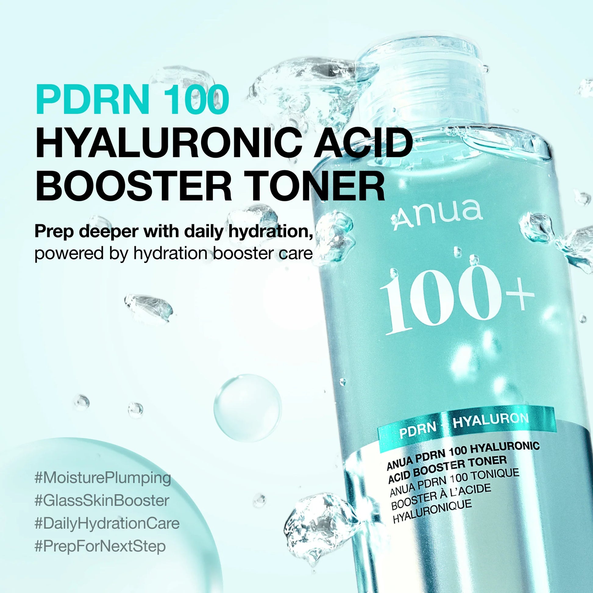 Close-up product shot highlighting PDRN capsule hydration mist texture and skin-plumping toner effect with spray bottle design.