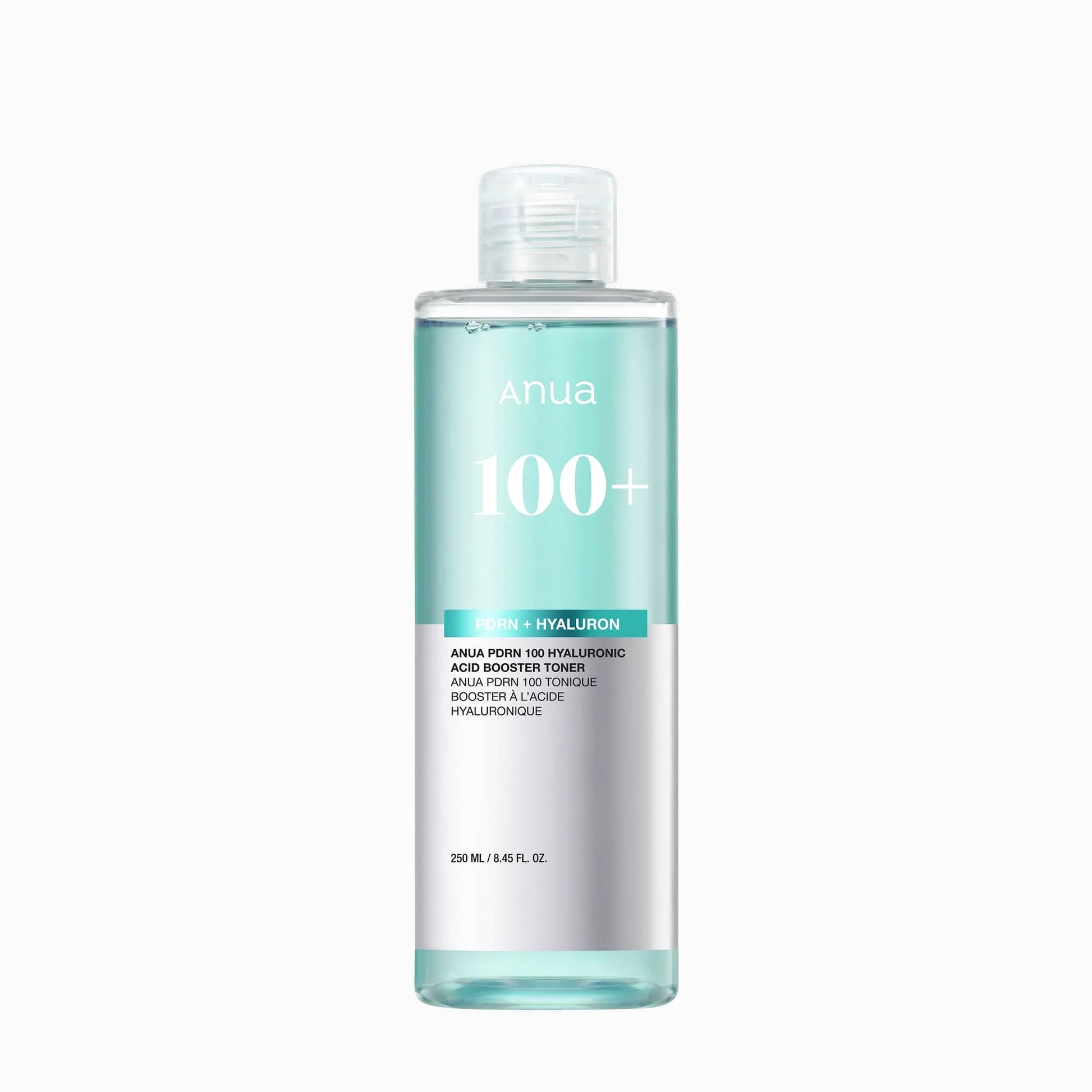 Anua PDRN 100 Hyaluronic Acid Booster Toner bottle with aqua-blue liquid showing hydrating glass-skin toner formula in transparent packaging.
