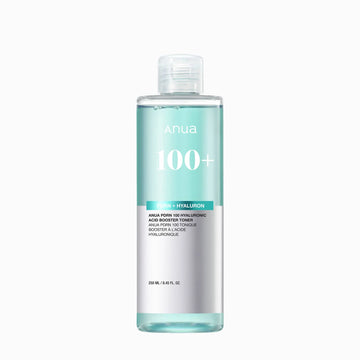 Anua PDRN 100 Hyaluronic Acid Booster Toner bottle with aqua-blue liquid showing hydrating glass-skin toner formula in transparent packaging.