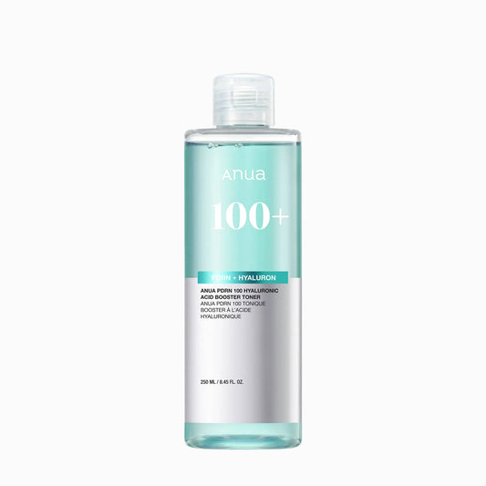 Anua PDRN 100 Hyaluronic Acid Booster Toner bottle with aqua-blue liquid showing hydrating glass-skin toner formula in transparent packaging.