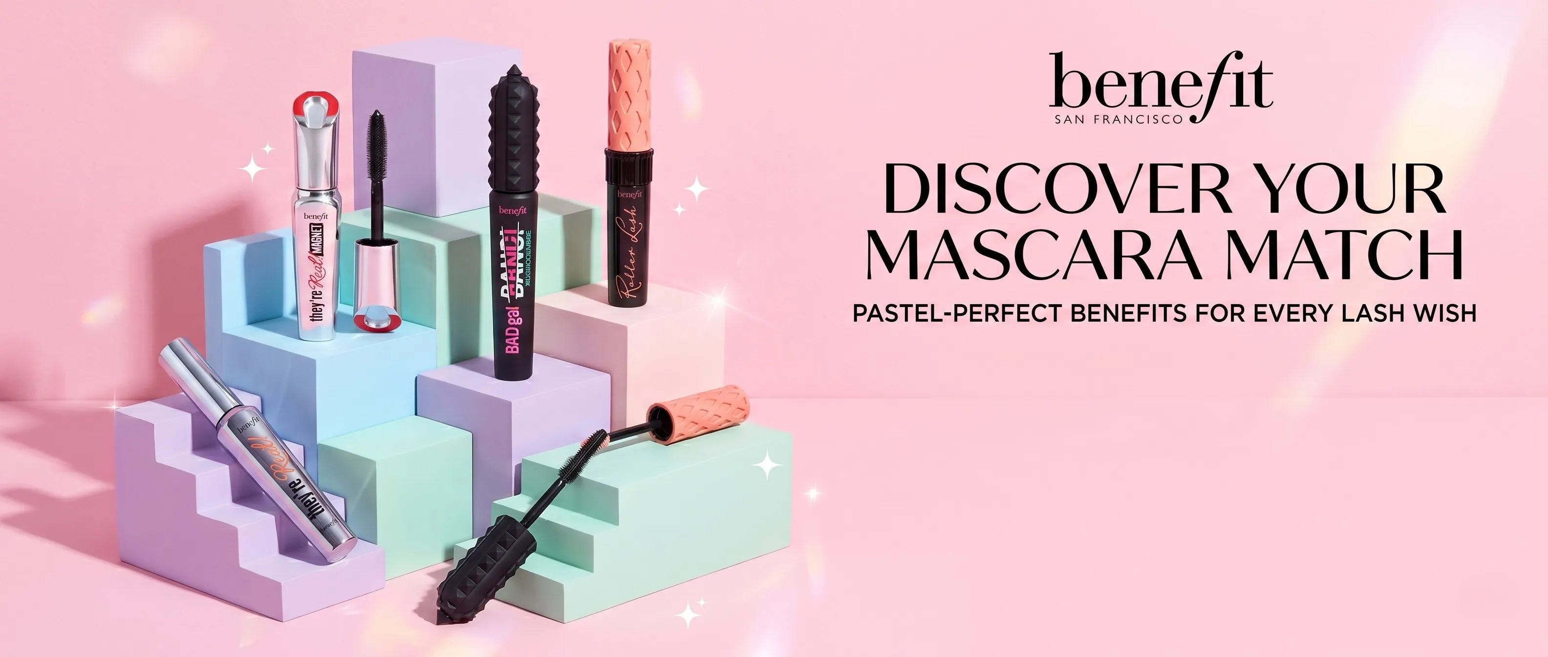 Benefit Cosmetics mascara collection banner including They're Real and Roller Lash on ZARÉ Cosmetics.