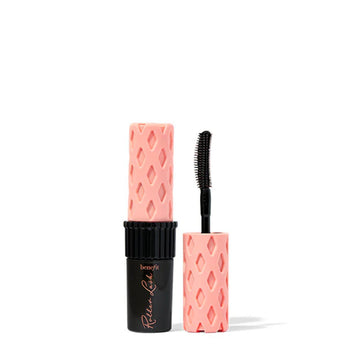 Benefit Roller Lash curling mascara mini tube and wand with a pink diamond-patterned handle on ZARÉ Cosmetics