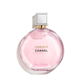 Chanel Chance Eau Tendre Eau de Parfum 100ml featuring a round pink glass bottle with silver accents and a transparent cap against a black background.