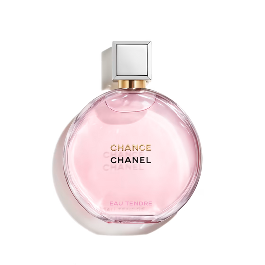 Chanel Chance Eau Tendre Eau de Parfum 100ml featuring a round pink glass bottle with silver accents and a transparent cap against a black background.