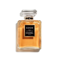 Chanel Coco Eau de Parfum 100ml fragrance bottle featuring a clear glass design, warm amber-colored perfume, black signature label, and transparent faceted cap against a black background.