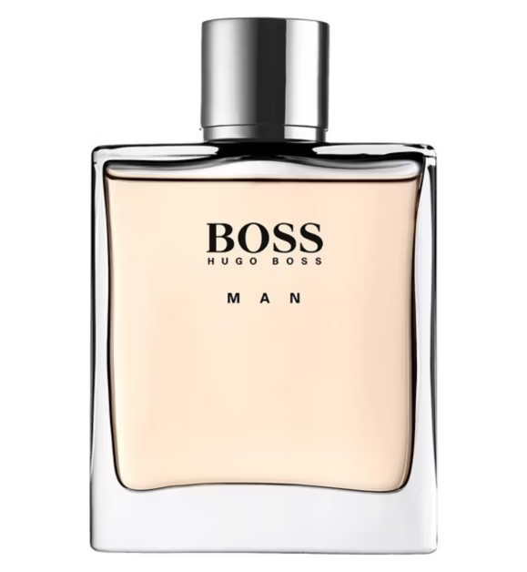 BOSS Orange Man Eau de Toilette 100ml in a sleek transparent glass bottle with pale amber fragrance liquid and a polished silver cap against a clean background.