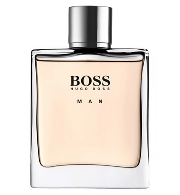 BOSS Orange Man Eau de Toilette 100ml in a sleek transparent glass bottle with pale amber fragrance liquid and a polished silver cap against a clean background.