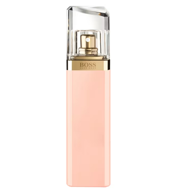 BOSS Ma Vie Eau de Parfum for Women 50ml featuring a sleek blush-pink bottle with a transparent geometric cap alongside its matching pastel pink fragrance box.