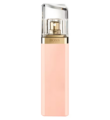 BOSS Ma Vie Eau de Parfum for Women 50ml featuring a sleek blush-pink bottle with a transparent geometric cap alongside its matching pastel pink fragrance box.