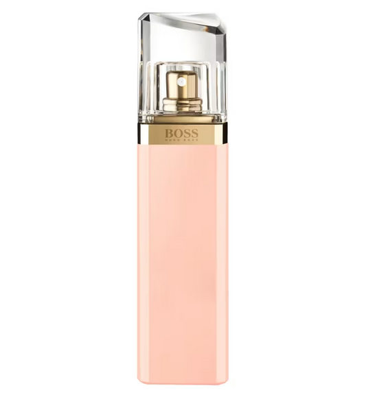BOSS Ma Vie Eau de Parfum for Women 50ml featuring a sleek blush-pink bottle with a transparent geometric cap alongside its matching pastel pink fragrance box.
