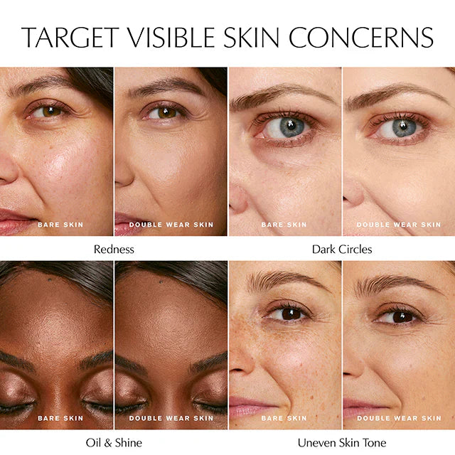 Estée Lauder Double Wear foundation charts correcting redness, dark circles, oil, and uneven skin tone on ZARÉ Cosmetics