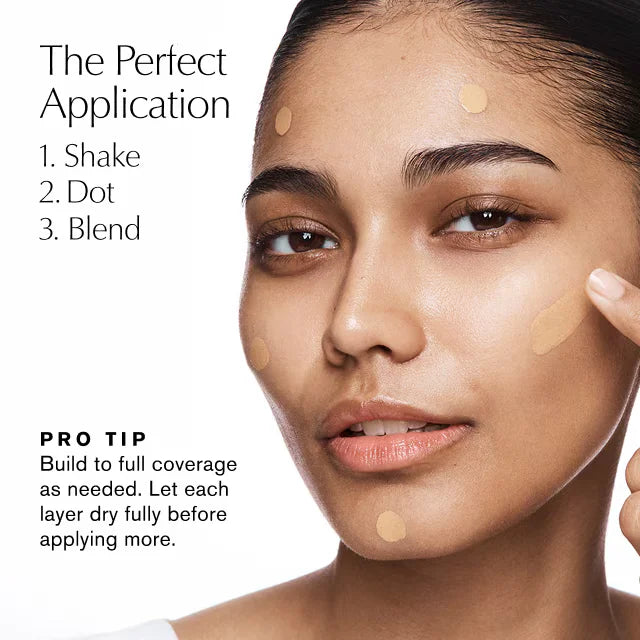 Estée Lauder liquid foundation application guide with shake, dot, blend steps on a model face at ZARÉ Cosmetics