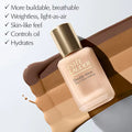 Estée Lauder Double Wear liquid foundation bottle with diverse shade swatches and product benefits at ZARÉ Cosmetics