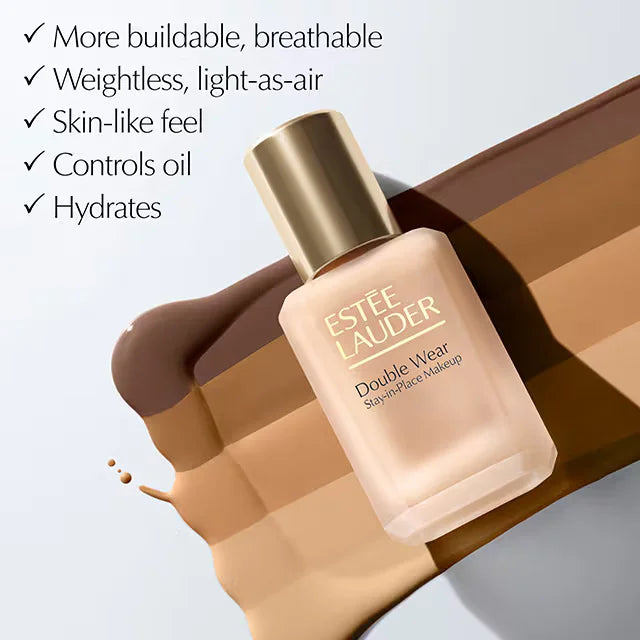 Estée Lauder Double Wear liquid foundation bottle with diverse shade swatches and product benefits at ZARÉ Cosmetics