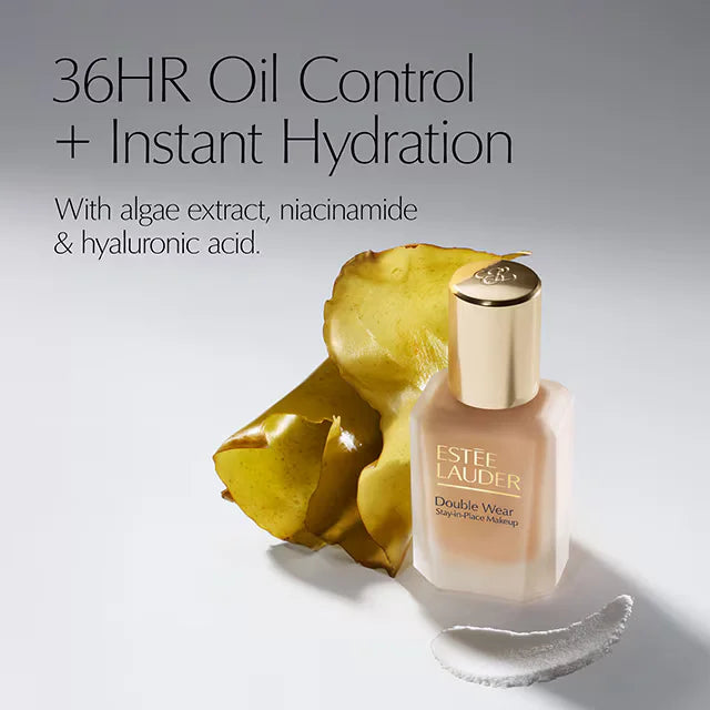 Estée Lauder Double Wear foundation with 36HR oil control, hydration ingredients, and algae extract at ZARÉ Cosmetics