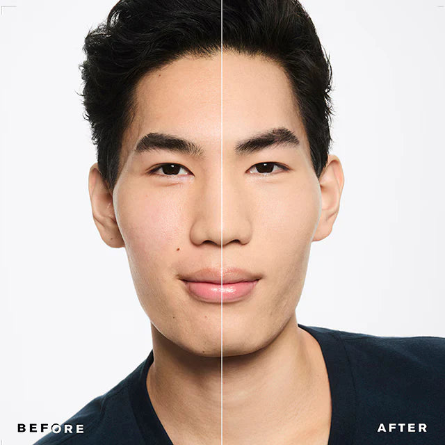 Estée Lauder foundation before and after application results on a male model face comparison for ZARÉ Cosmetics