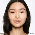Estée Lauder liquid foundation coverage comparison on an Asian model face showing before and after effect, at ZARÉ Cosmetics