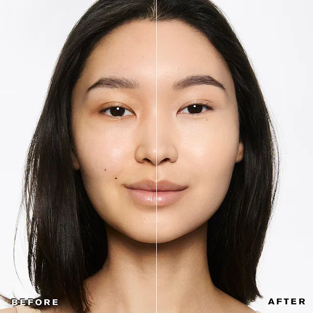 Estée Lauder liquid foundation coverage comparison on an Asian model face showing before and after effect, at ZARÉ Cosmetics