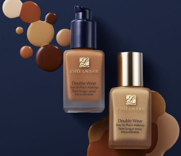 Estée Lauder Double Wear Stay-in-Place foundation bottles with liquid shade swatches on ZARÉ Cosmetics