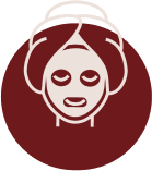 Minimalist woman face sheet mask icon with hair towel graphic inside a maroon circular logo backdrop at ZARÉ Cosmetics.