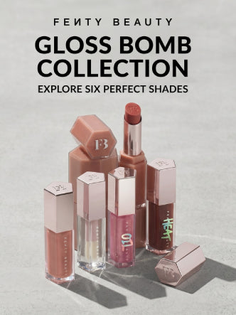 Fenty Beauty Gloss Bomb Collection featuring six lip gloss shades and lipstick on ZARÉ Cosmetics